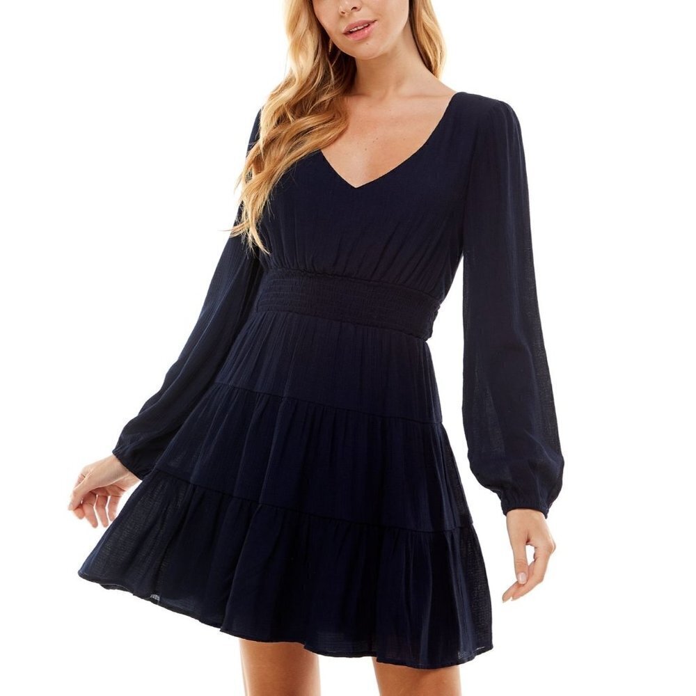 City Studios Juniors' Navy Blue Smocked Waist Tiered Fit & Flare Dress